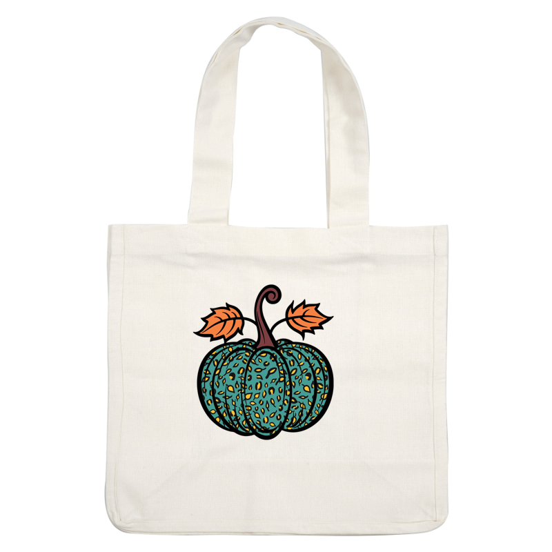 A whimsical teal pumpkin with a textured pattern and orange leaves, perfect for autumn decorations or Halloween fun.dtf regular iron