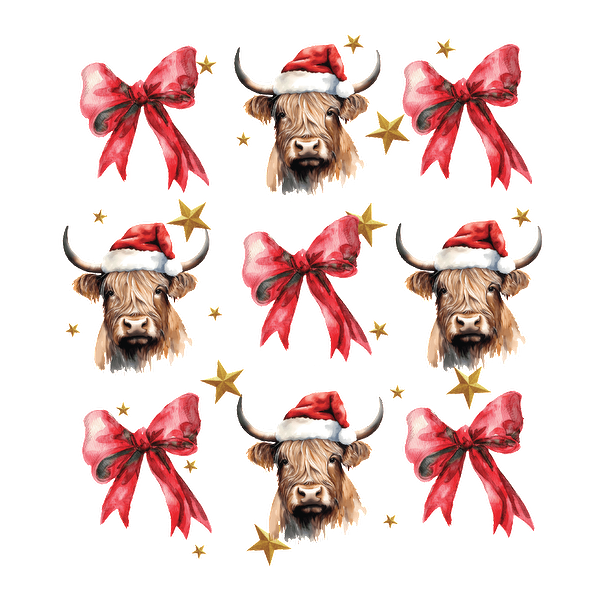 A festive design featuring Highland cows in Santa hats, surrounded by vibrant bows and stars, perfect for holiday cheer. dtf transfers