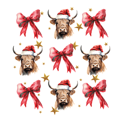 A festive design featuring Highland cows in Santa hats, surrounded by vibrant bows and stars, perfect for holiday cheer. dtf transfers