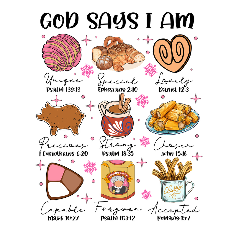 A delightful assortment of sweet treats, featuring colorful pastries, cookies, hot chocolate, tamales, chocolates, and crispy churros.DTF Transfers dtf prints