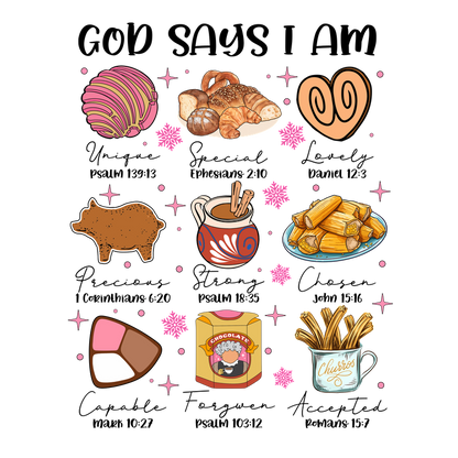 A delightful assortment of sweet treats, featuring colorful pastries, cookies, hot chocolate, tamales, chocolates, and crispy churros.DTF Transfers dtf prints