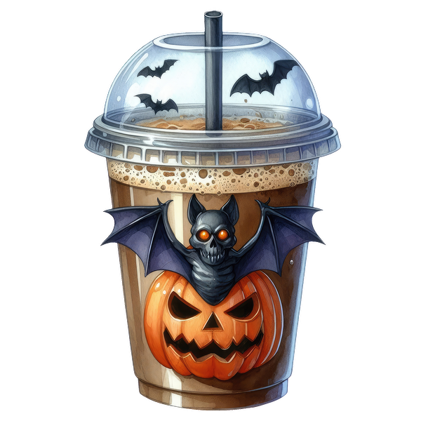 A spooky Halloween-themed beverage featuring a bat perched on a jack-o'-lantern, complete with a straw and eerie designs. dtf prints