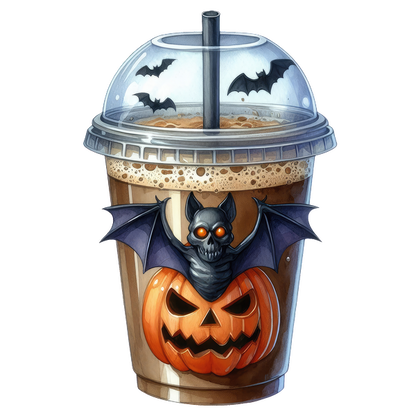 A spooky Halloween-themed beverage featuring a bat perched on a jack-o'-lantern, complete with a straw and eerie designs. dtf prints