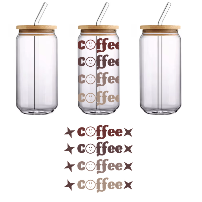 A playful and stylish coffee-themed design featuring the word "coffee" in various fonts and colors, perfect for any coffee lover!UV Transfers dtf transfers