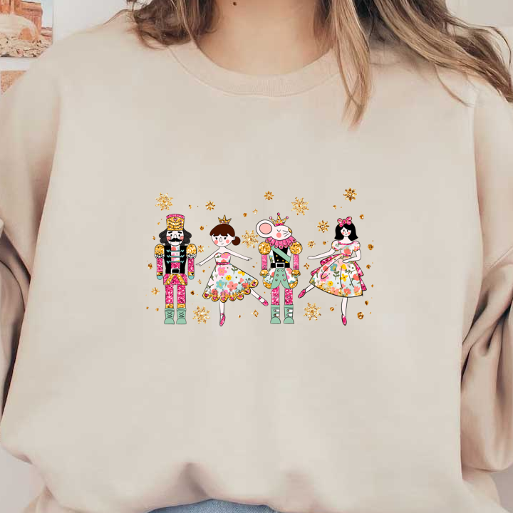 A whimsical illustration featuring a charming ensemble of nutcracker characters and dancers, adorned in vibrant floral patterns and sparkles.DTF Transfers dtf transfers