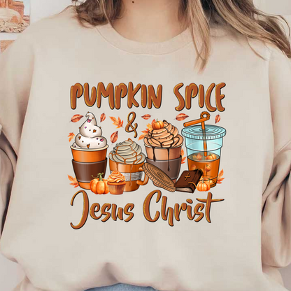 A whimsical illustration featuring various pumpkin spice treats, including cups of coffee, desserts, and symbols of faith. dtf prints