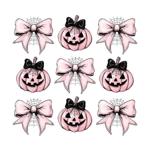 Un patrón encantador que presenta calabazas rosas con caras divertidas y lazos a juego, perfecto para una decoración con temática de Halloween.