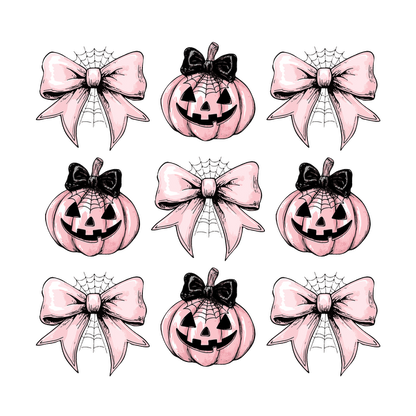 Un patrón encantador que presenta calabazas rosas con caras divertidas y lazos a juego, perfecto para una decoración con temática de Halloween.