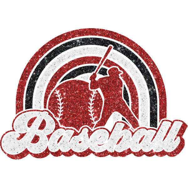 A glittery baseball-themed design featuring a player swinging a bat against a colorful rainbow background, showcasing vibrant red and white colors.DTF Transfers dtf transfers