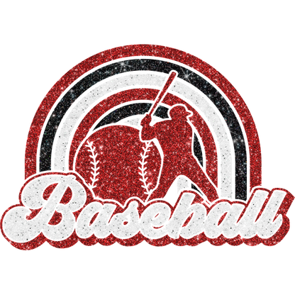 A glittery baseball-themed design featuring a player swinging a bat against a colorful rainbow background, showcasing vibrant red and white colors.DTF Transfers dtf transfers