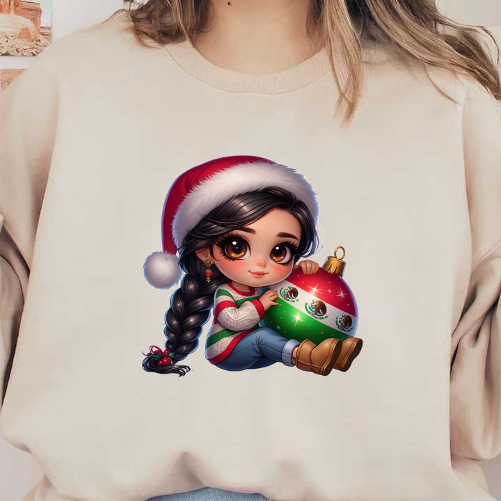 Una linda niña con un gorro de Papá Noel sostiene un adorno navideño vibrante con la bandera mexicana, mostrando alegría festiva. Transferencias DTF