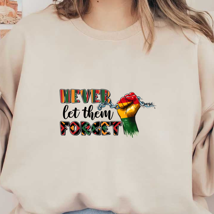 A powerful graphic featuring a raised fist breaking chains, accompanied by the words "NEVER FORGET," emphasizing strength and resilience. dtf prints