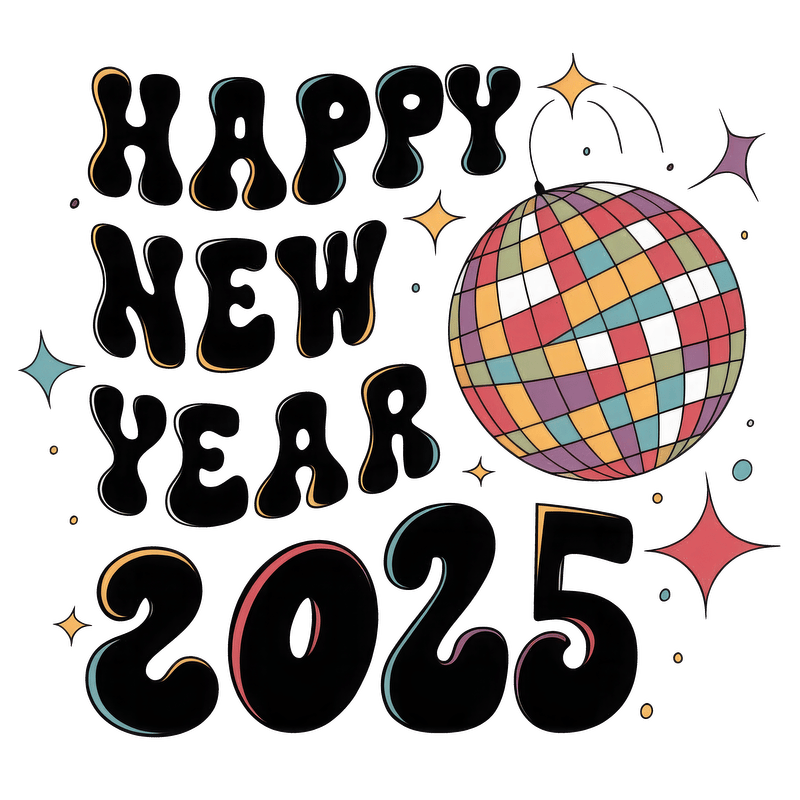 Celebrate the arrival of 2025 with this colorful "Happy New Year" graphic featuring a vibrant disco ball and playful stars!DTF Transfers