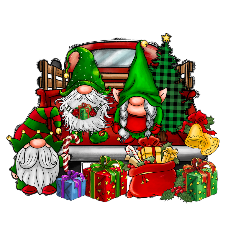 A festive illustration featuring whimsical Christmas gnomes, festive gifts, a decorated tree, and holiday decorations, perfect for seasonal cheer.DTF Transfers heat press transfersdtf regular iron