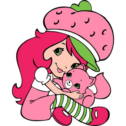 A cheerful cartoon girl with pink hair and a strawberry hat hugs her cute pink kitten, showcasing a playful and colorful style.DTF Transfers