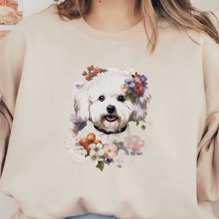 A charming white dog adorned with colorful flowers and a joyful expression, surrounded by a watercolor floral background. heat press transfers