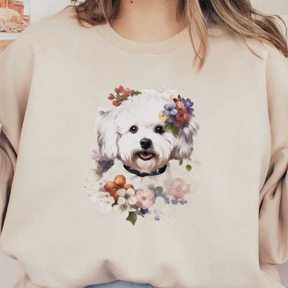 A charming white dog adorned with colorful flowers and a joyful expression, surrounded by a watercolor floral background. heat press transfers