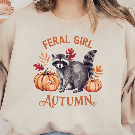 Whimsical autumn design featuring a charming raccoon surrounded by pumpkins and fall leaves, with "Feral Girl Autumn" text.