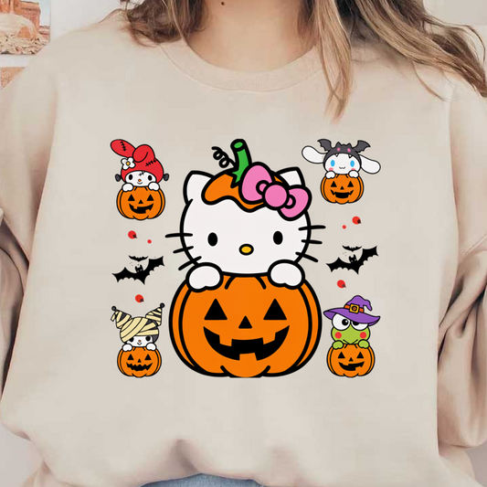 Celebrate Halloween with these adorable characters, featuring Hello Kitty and friends playfully posed around cheerful jack-o'-lanterns!DTF Transfers dtf prints