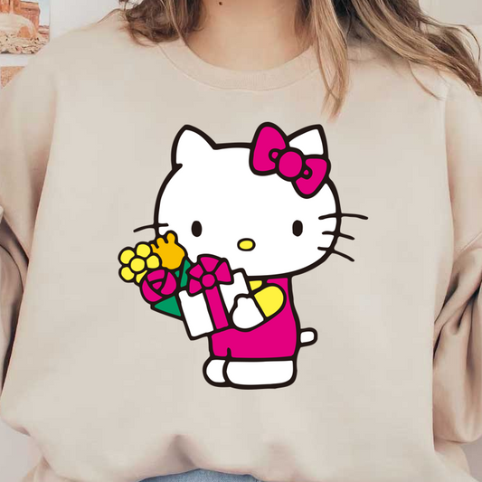 Hello Kitty is adorably holding a bouquet of flowers and a gift box, dressed in a pink outfit and matching bow.DTF Transfers