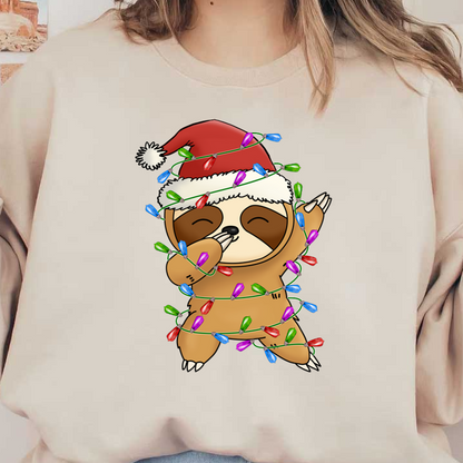 A cheerful cartoon sloth wearing a Santa hat, playfully wrapped in colorful Christmas lights. dtf transfers