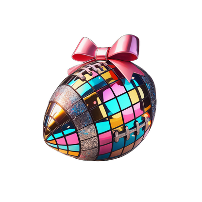 A vibrant, disco-themed egg decorated with colorful mosaic tiles and a large pink bow on top. dtf transfers