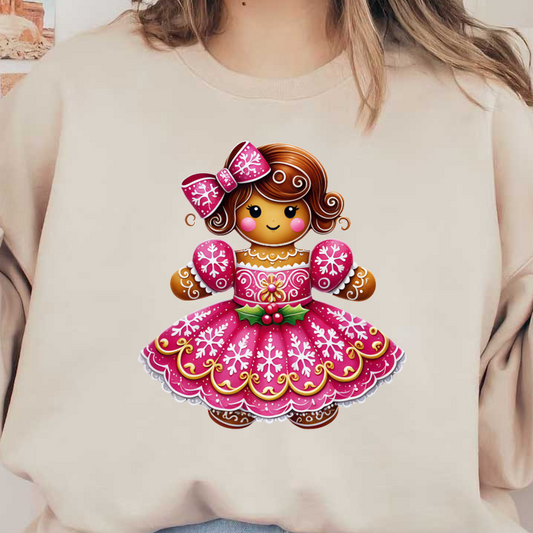 This charming gingerbread girl wears a festive pink dress adorned with snowflakes and a cute matching bow.DTF Transfers