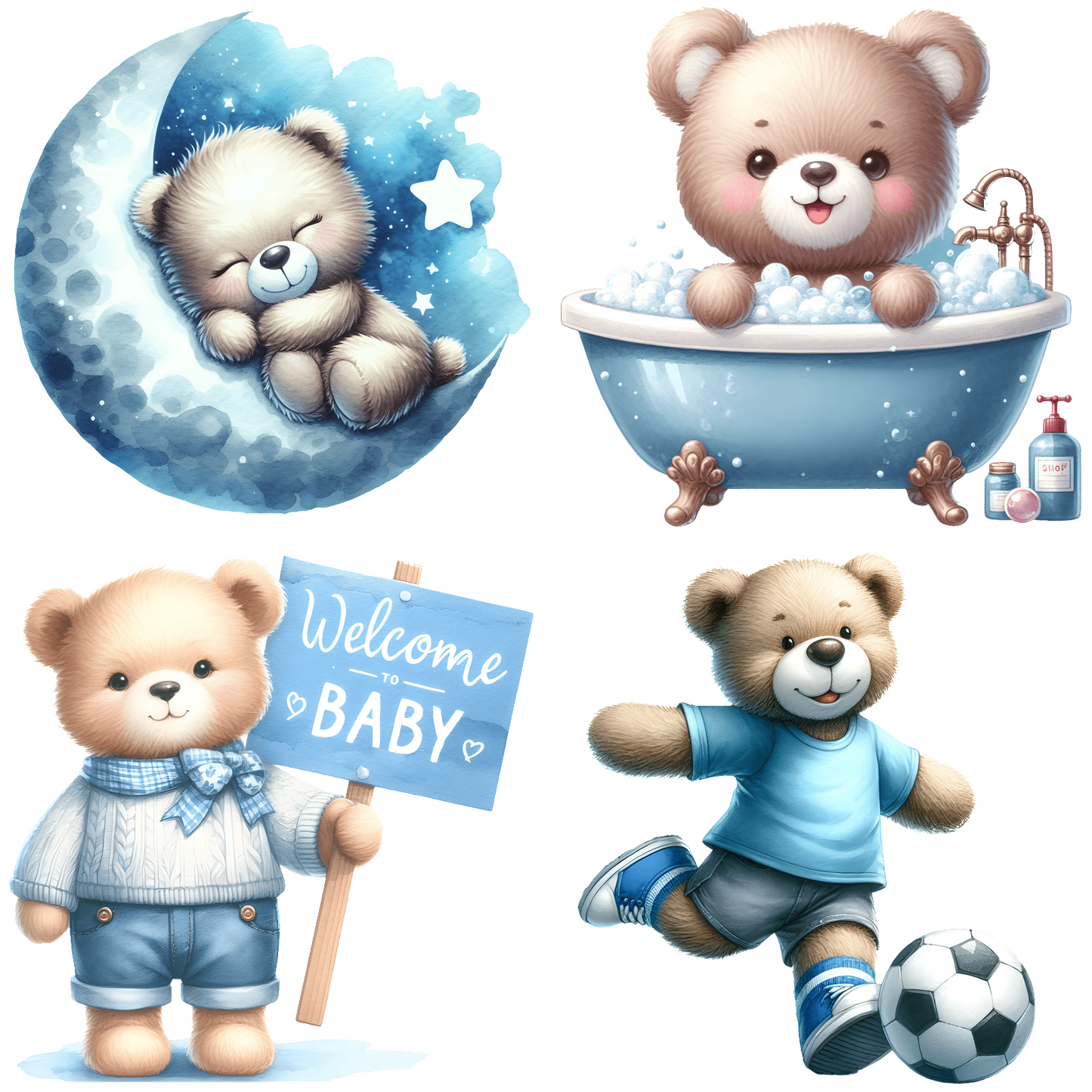 A set of four adorable teddy bear illustrations, each depicting different activities and themes.DTF Transfers