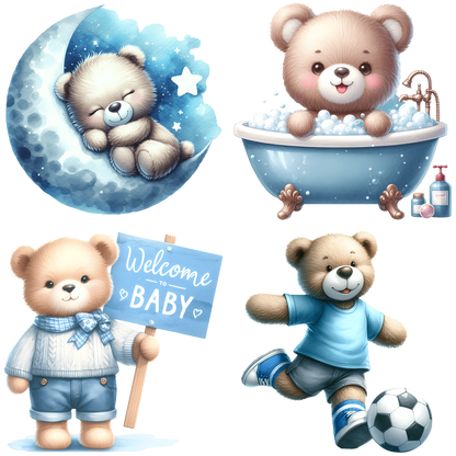 A set of four adorable teddy bear illustrations, each depicting different activities and themes.DTF Transfers