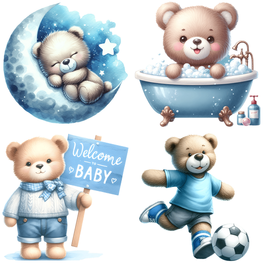 A set of four adorable teddy bear illustrations, each depicting different activities and themes.DTF Transfers