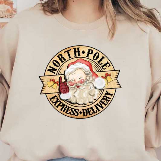 A whimsical logo featuring Santa Claus with a playful expression, marked "North Pole Express Delivery," adorned with bells and festive colors. dtf transfers