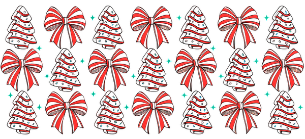 A festive pattern featuring red Christmas trees and bows, embellished with sparkling blue elements, perfect for holiday decorations.UV Transfersdtf regular iron