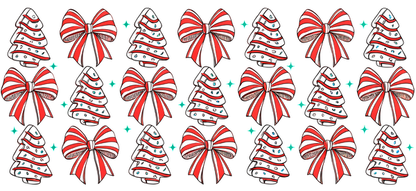 A festive pattern featuring red Christmas trees and bows, embellished with sparkling blue elements, perfect for holiday decorations.UV Transfersdtf regular iron