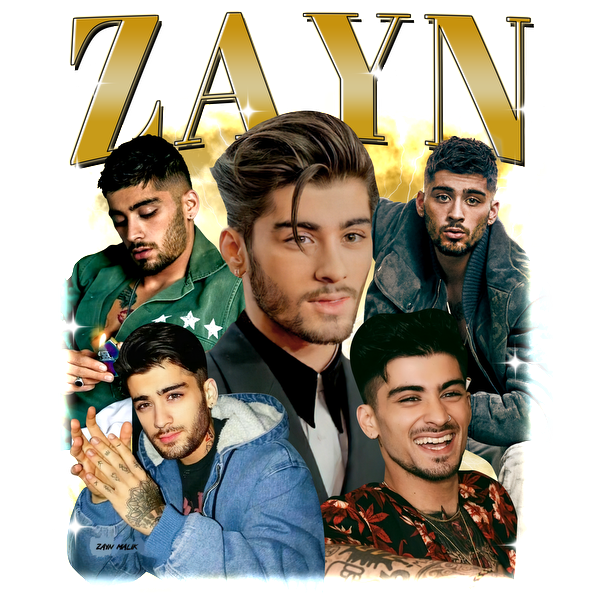 Un collage vibrante de Zayn que incluye varias fotos que muestran su apariencia elegante y expresiones carismáticas sobre un fondo colorido. Transferencias DTF