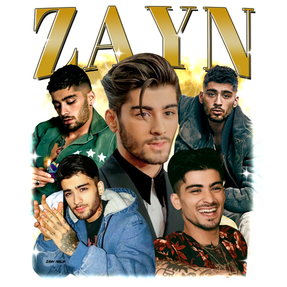 Un collage vibrante de Zayn que incluye varias fotos que muestran su apariencia elegante y expresiones carismáticas sobre un fondo colorido. Transferencias DTF