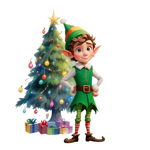 A cheerful young elf stands beside a decorated Christmas tree, surrounded by colorful gifts and twinkling lights.DTF Transfers heat press transfers