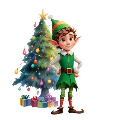 A cheerful young elf stands beside a decorated Christmas tree, surrounded by colorful gifts and twinkling lights.DTF Transfers heat press transfers