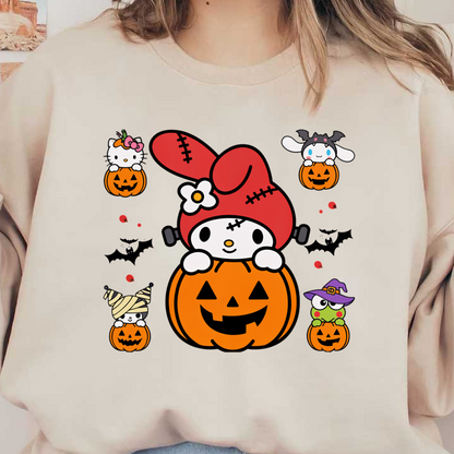 A playful Halloween-themed illustration featuring My Melody and friends, all surrounded by cheerful pumpkins and spooky bats.DTF Transfers heat press transfers