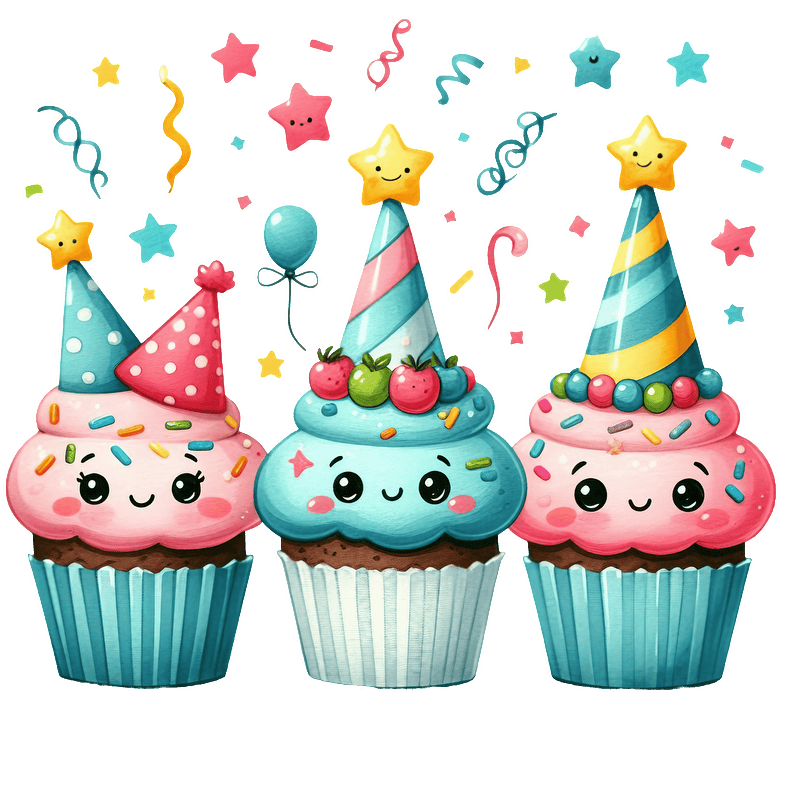 Three adorable, colorful cupcakes wearing festive party hats, adorned with sprinkles and cheerful expressions, surrounded by festive confetti.DTF Transfers