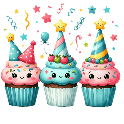Three adorable, colorful cupcakes wearing festive party hats, adorned with sprinkles and cheerful expressions, surrounded by festive confetti.DTF Transfers