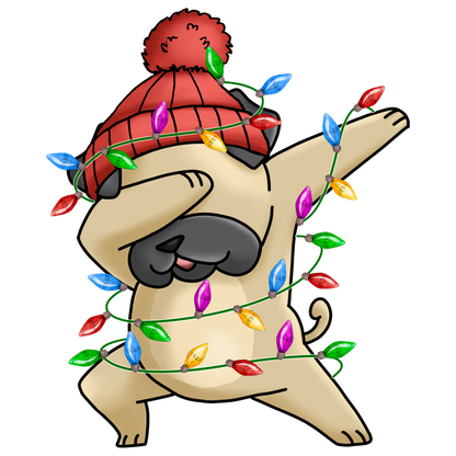 A playful cartoon pug wearing a red beanie and tangled in colorful Christmas lights, striking a fun pose. dtf prints