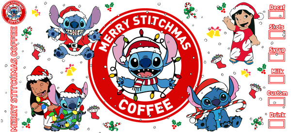 Celebrate the holidays with Merry Stitchmas Coffee, featuring adorable Stitch and friends in festive attire, perfect for seasonal cheer!UV Transfers