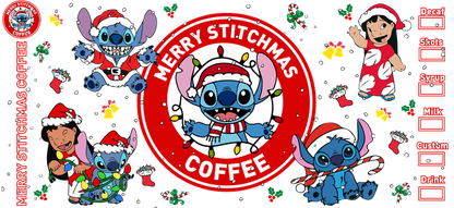 Celebrate the holidays with Merry Stitchmas Coffee, featuring adorable Stitch and friends in festive attire, perfect for seasonal cheer!UV Transfers