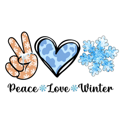 A playful graphic featuring a snowflake-themed peace sign, a blue heart, and a snowflake, perfect for winter vibes.dtf regular iron