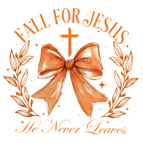 A whimsical design featuring the phrase "Fall for Jesus," adorned with a cross, a large bow, and decorative foliage. dtf transfers