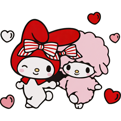 Cute illustration of two kawaii characters, My Melody and companion, surrounded by colorful hearts, radiating joy and friendship.DTF Transfers dtf prints