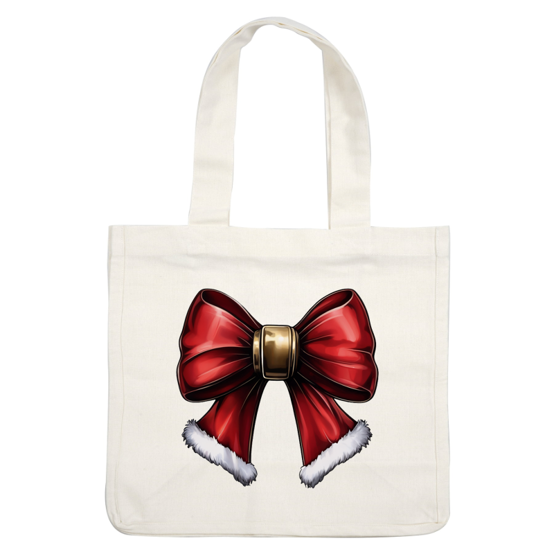 A festive red bow adorned with a shiny gold center and fluffy white trim, perfect for holiday decorations. heat press transfers