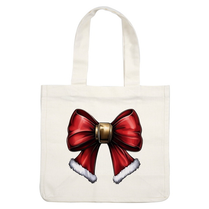 A festive red bow adorned with a shiny gold center and fluffy white trim, perfect for holiday decorations. heat press transfers