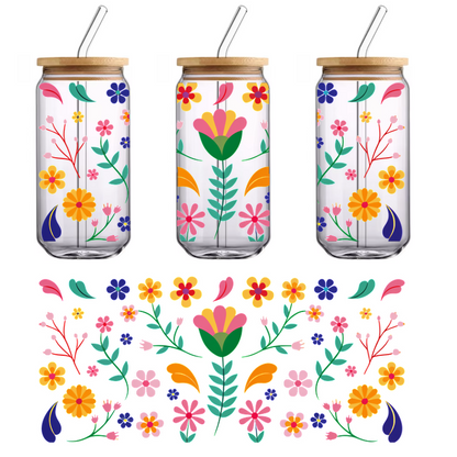 A vibrant floral pattern featuring colorful flowers and leaves, perfect for adding a cheerful touch to designs.UV Transfers heat press transfers