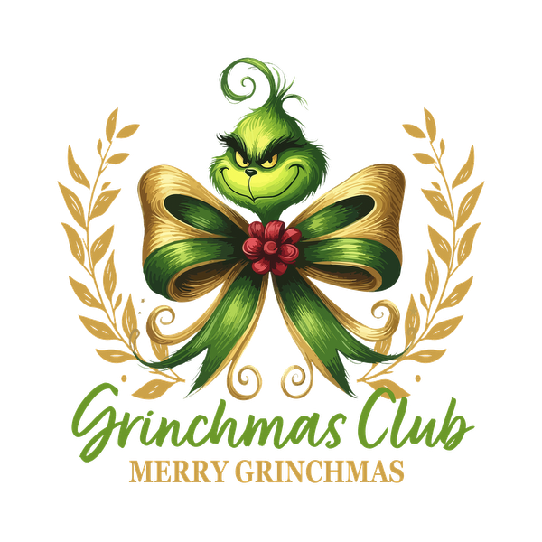 Celebrate the holiday spirit with this vibrant Grinchmas Club logo featuring the iconic Grinch and festive ribbon design. dtf transfers